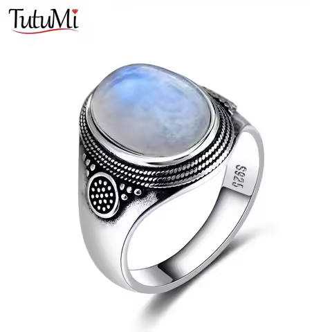 Vintage 925 Sterling Silver Ring Natural Moonstone Ring 10*14mm Oval Large Stone Retro Silver Fine Jewelry Gift For Women Men