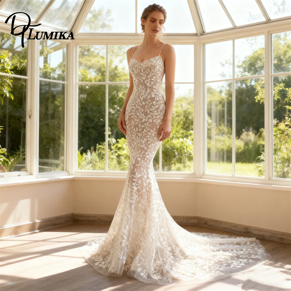 

DTLumika Spaghetti Straps Sheath Wedding Dress for Bride 2026, Long Court Train Bride Dresses Customized Romantic Bridal Gown
