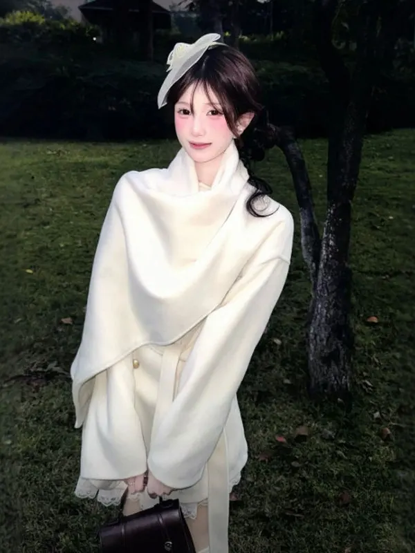 

Korean Sle Double-Faced Woolen Coat Ele Gentle Wind Long Sve Women's Outerwear Faionable Casual Home Leisure Wear