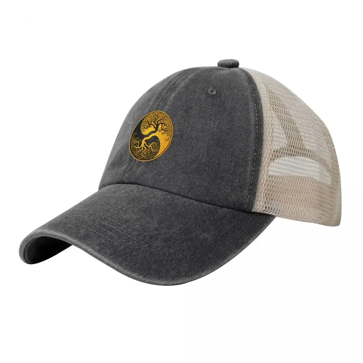 Amarelo e preto árvore da vida yin yang cowboy malha boné de beisebol chapéu praia passeio protetor solar bonés masculino feminino