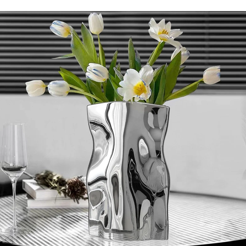 Silver Pleated Ceramic Vase Bag Shape Flower Pots Desk Decoration Artificial Flowers Decorative Floral Arrangement