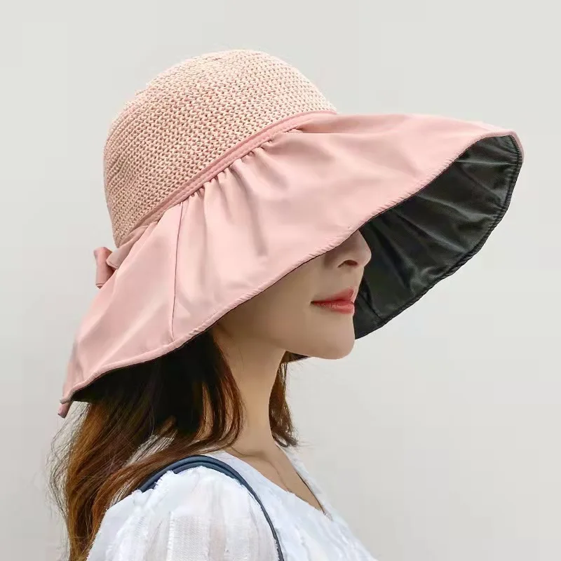 Metal Label Bow Knit Sun Hat  Big Brim Breathable UV Protection Visor Caps For Women Men Summer Travel Sport Hiking Beach Hat