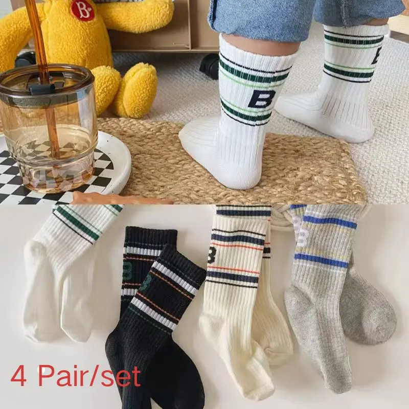 

4pair/set Korean Fashion School Sock for Kids Boy Girl Letter B Sport Sock Spring Summer Soft Cotton Calf Sock for Children