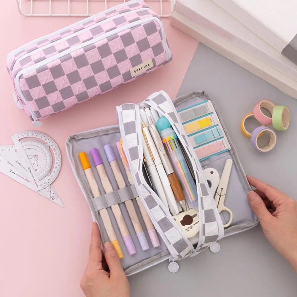 School Supplies Stationery Organizer Capacity Checked Pattern Pencil Case with 3 Compartments Color Matching for Organization