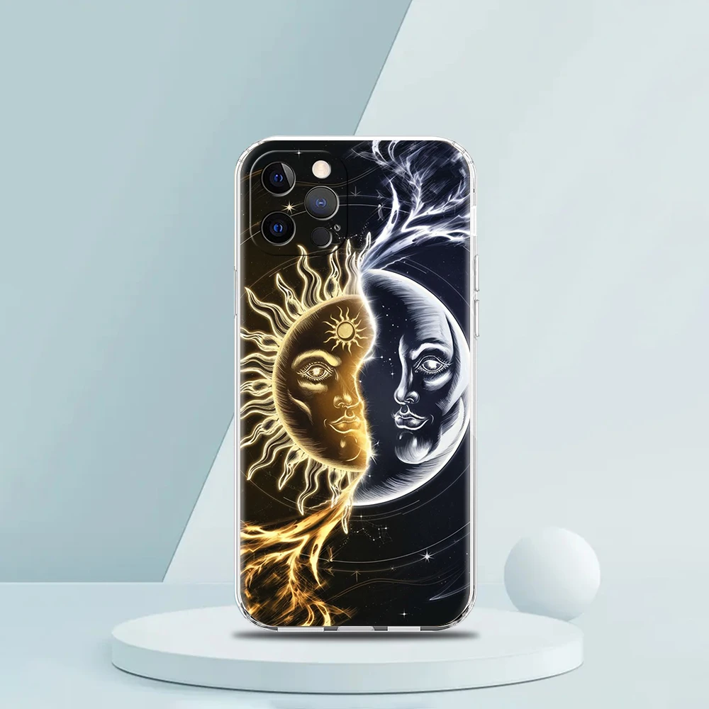 Coque de téléphone transparente en TPU souple, étui antichoc pour iPhone 16 15 14 13 12 11 Pro Max XR 8 7 Plus, motif soleil, lune, étoiles