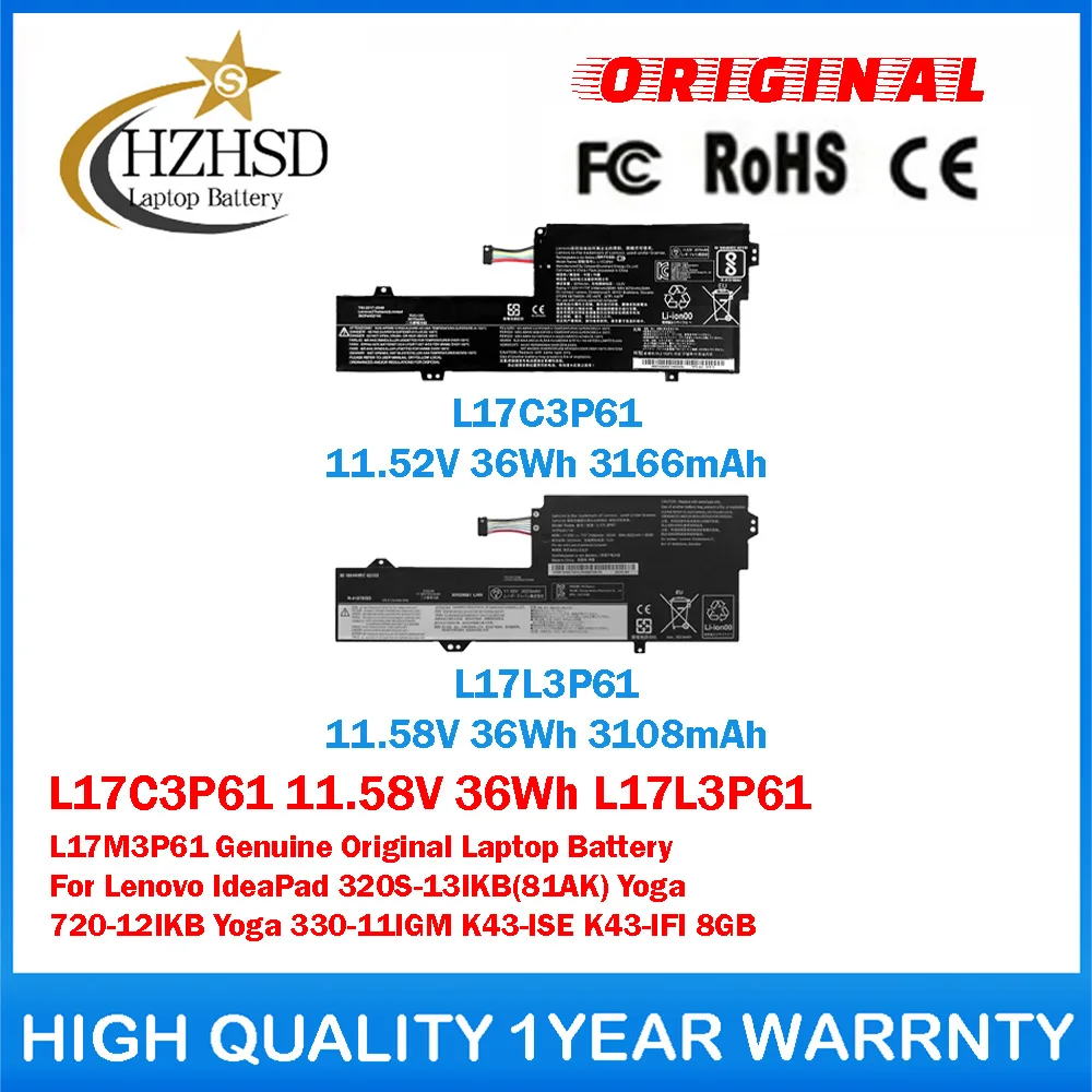 L17C3P61 11.58V 36Wh L17L3P61 L17M3P61 Genuine Original Laptop Battery For Lenovo IdeaPad 320S-13IKB Yoga 720-12IKB 330-11IGM