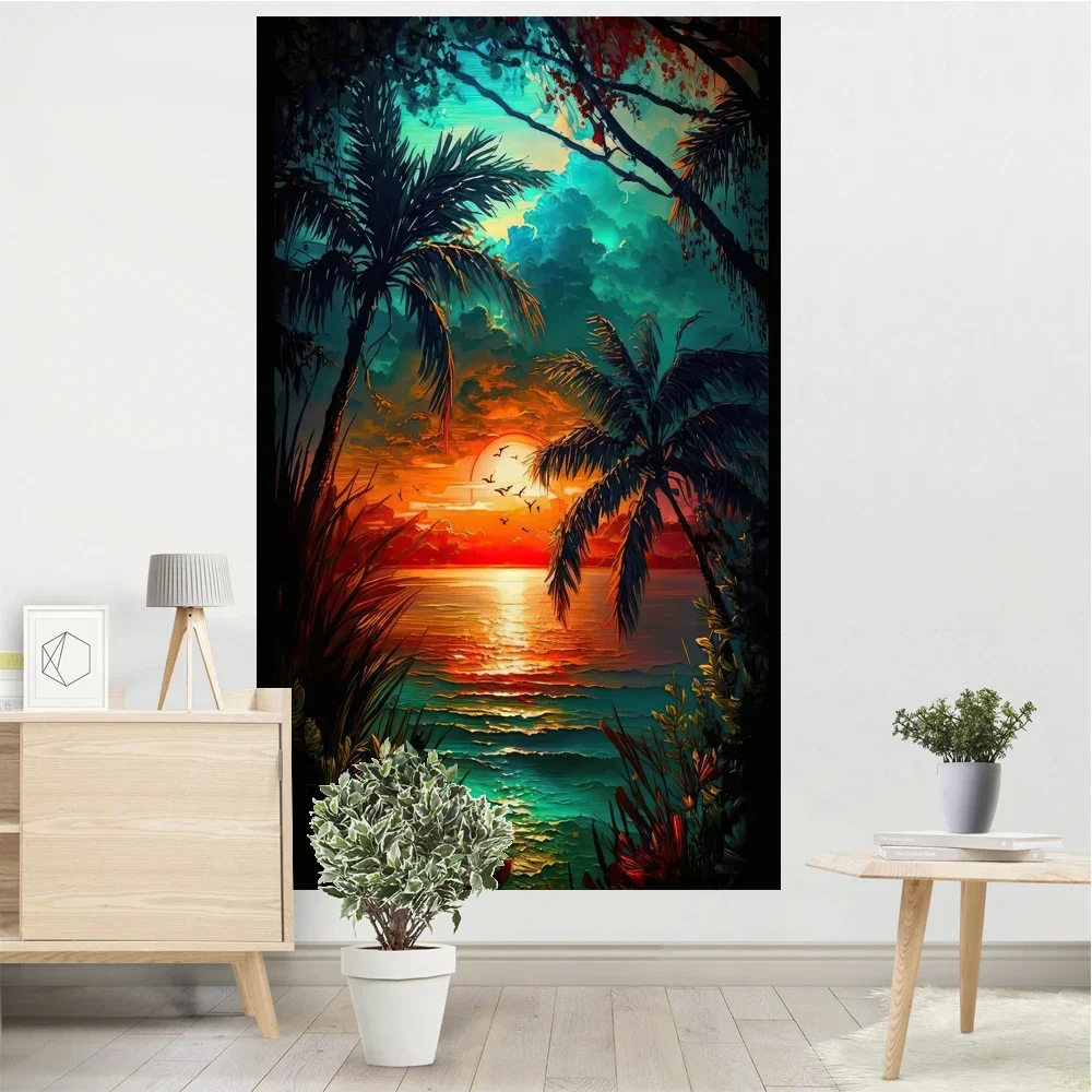 Psychedelic Tapestry Sunset Trees Printed Wall Hanging Cloth Brighting Moon Meme Sofa Blanket Living Room Decoration