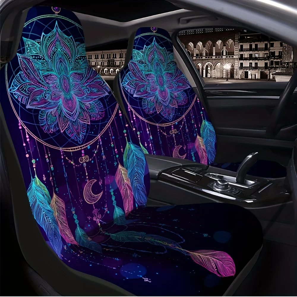 2pcs, Dreamcatcher For Lotus Feather Boho Themed Front Seat Covers, Soft And Washable, Fit For Driver And Passenger Seats, Idea