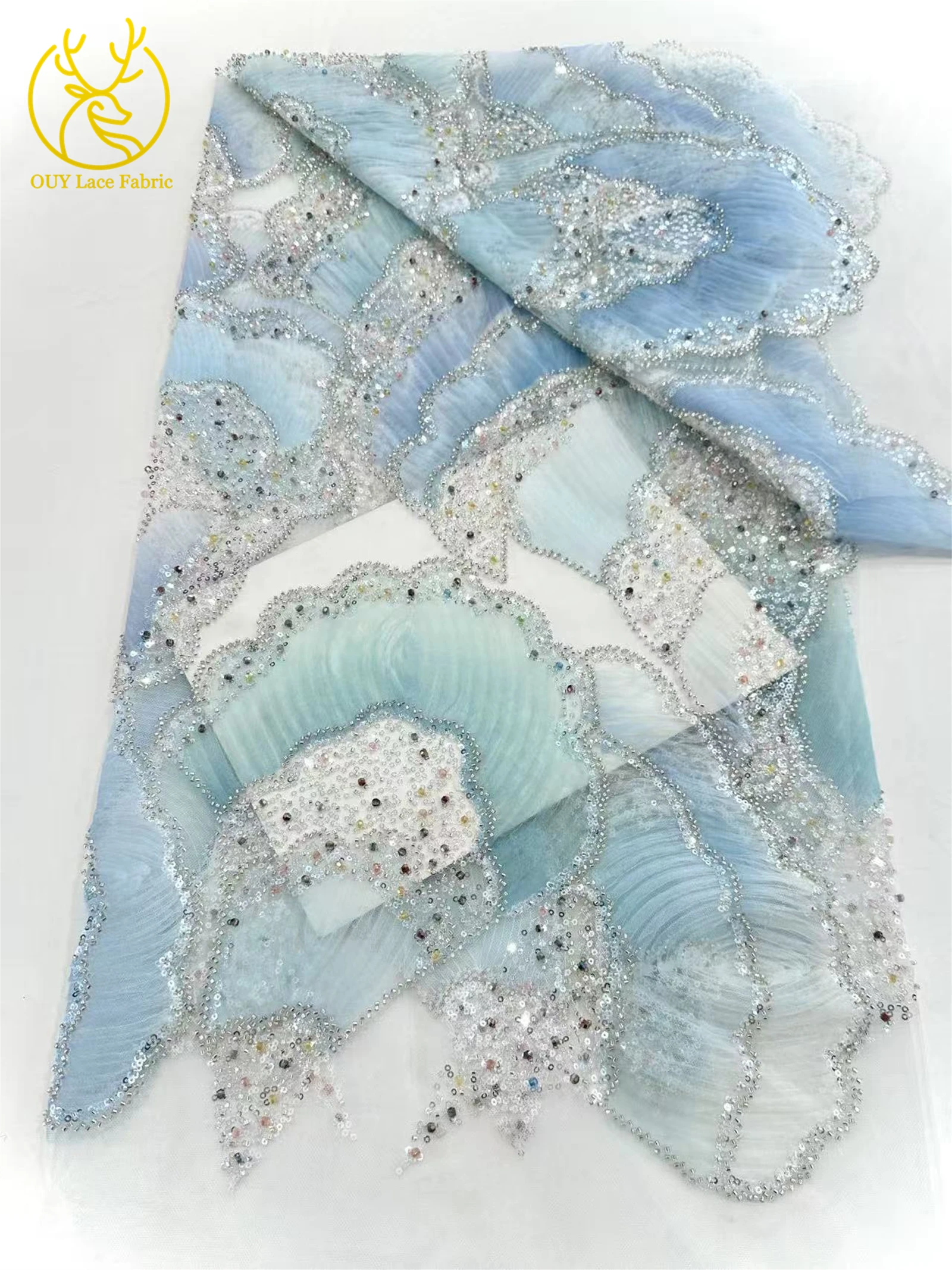 最新の高級スパンコール手作りビーズレース生地 2025 ファッションフレンチチュールメッシュレース生地女性のイブニングドレス素材