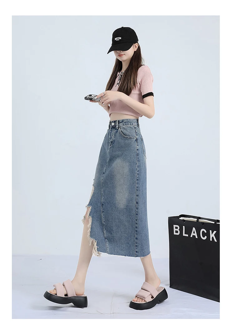 Korean Fashion New Distressed Ripped Denim Skirt Women Spring Summer Autumn Streetwear Harajuku Midi Jean Skirt Cheap Wholesale