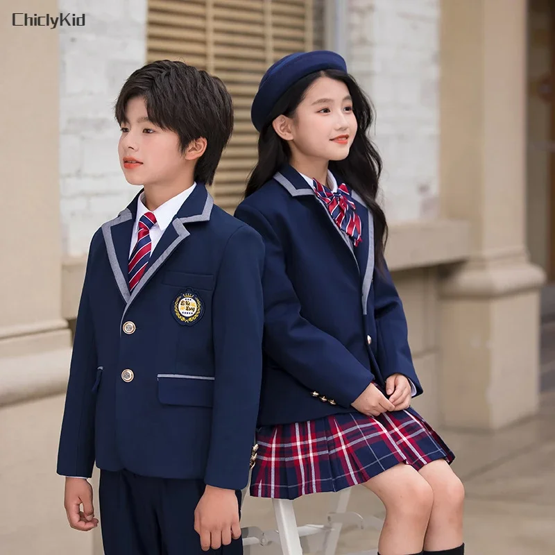 Children School Uniform Girls Korean Japanese Navy Jacket Pleated Skirt Boys Formal Dress Suits Kids Student Clothes Class Sets