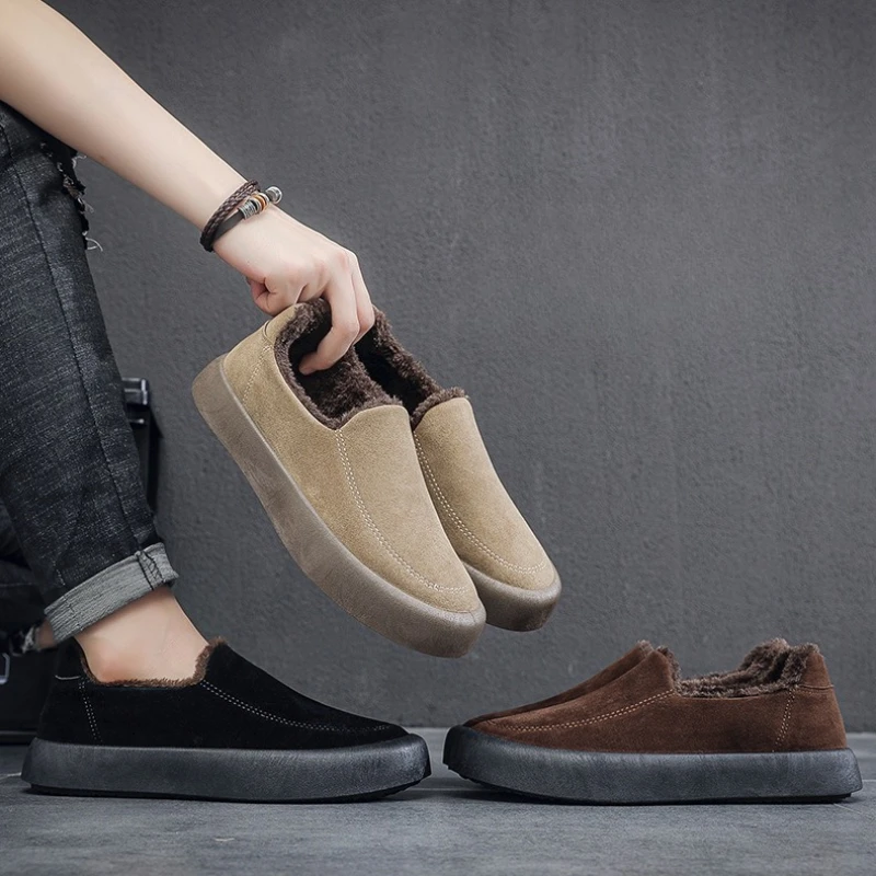 

Зимняя модная новая теплая и плюшевая мужская обувь большого размера из толстой замши, молодежная повседневная модная мужская хлопковая обувь на плоской подошве