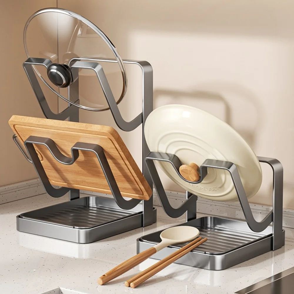 Vertical Pan Cover Rack Kitchen Organizer Stand Spoon Rest Cutting Board Holder Space Saving Counter Storage Shelf