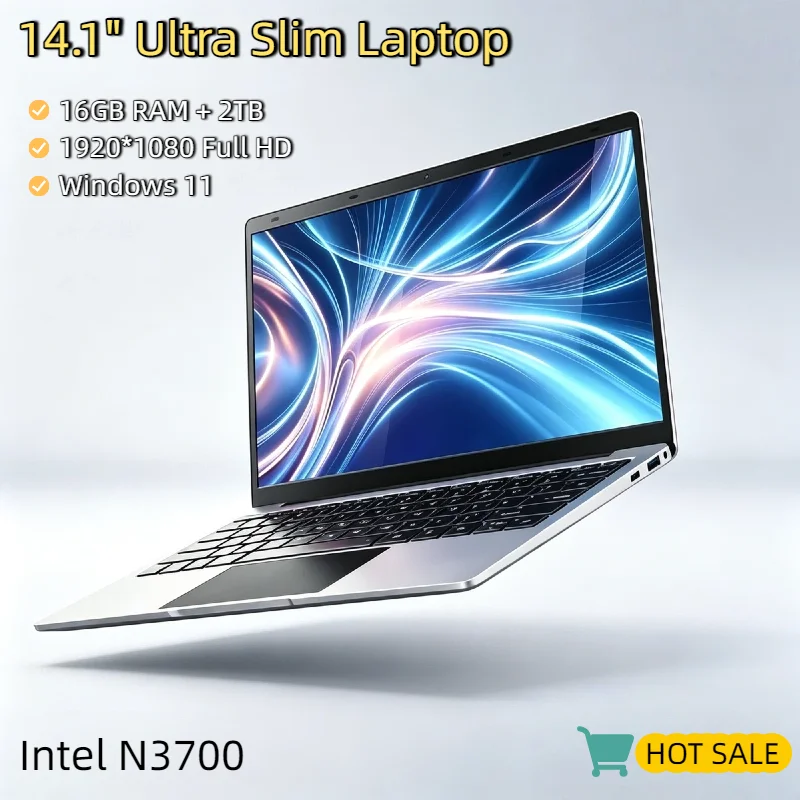 

14.1" New Laptop Windows 11 16GB RAM 2TB SSD Intel N3700 1920x1080 HD Ultra Slim Notebook for Office Study Light Gaming
