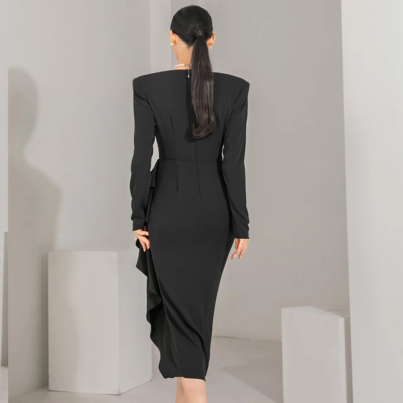 New Autumn Winter New Korean Fashion Elegant Slim Sexy Ruffled Hem Slit Dress V Neck Long Sleeve Party Dresses for Women 2023