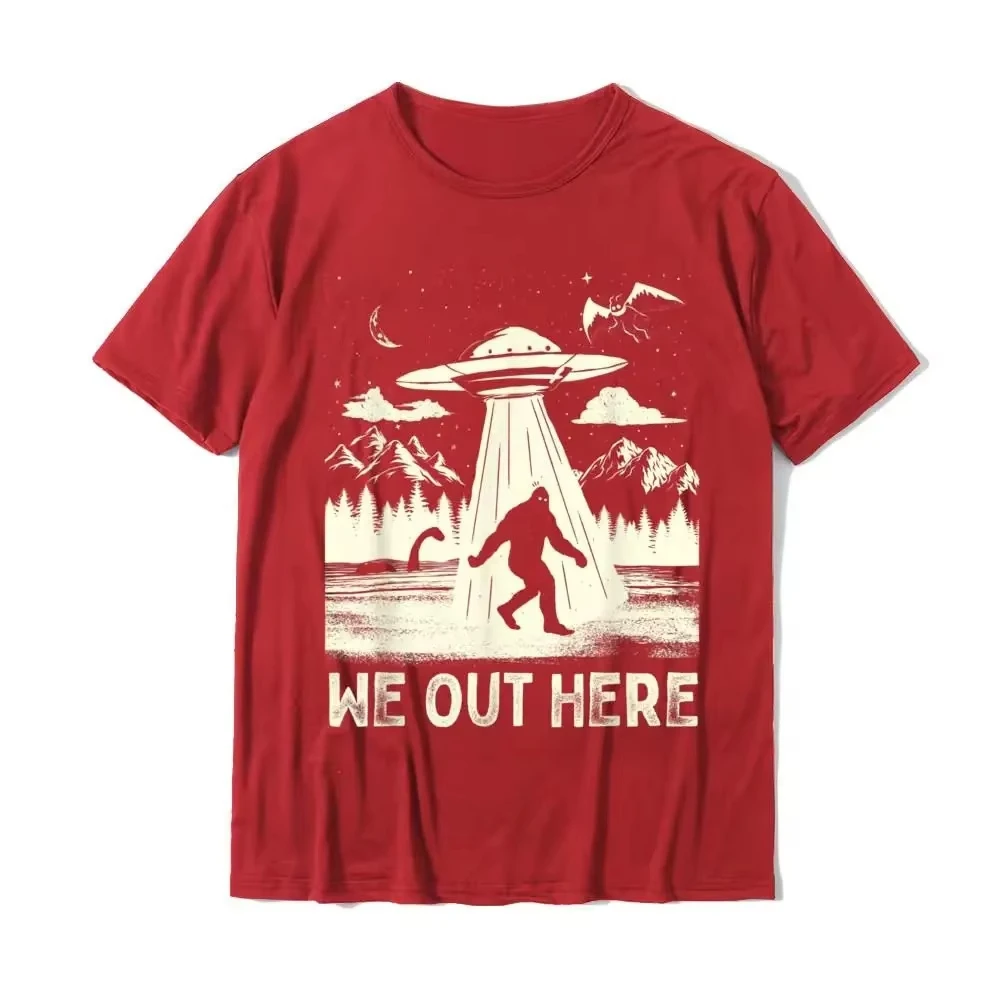 We Out Here Funny Bigfoot Cryptid UFO Abduction Graphic Tee Unisex Round Neck Short Sleeve Summer Mystery Fan Streetwear Tops