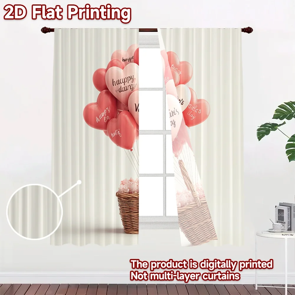 2D FLAT PRINTING 2pcs Curtains (Without Rod) Valentine's Day Heart Balloon Minimalist Chic Curtains Prints Light Filtering