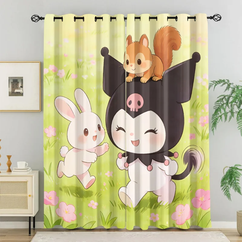 

Занавески Kuromi Sanrio Kawaii: милые весенние шторы с цветочным принтом, кроликами и белками для девичьей спальни, зеленые, для домашнего декора