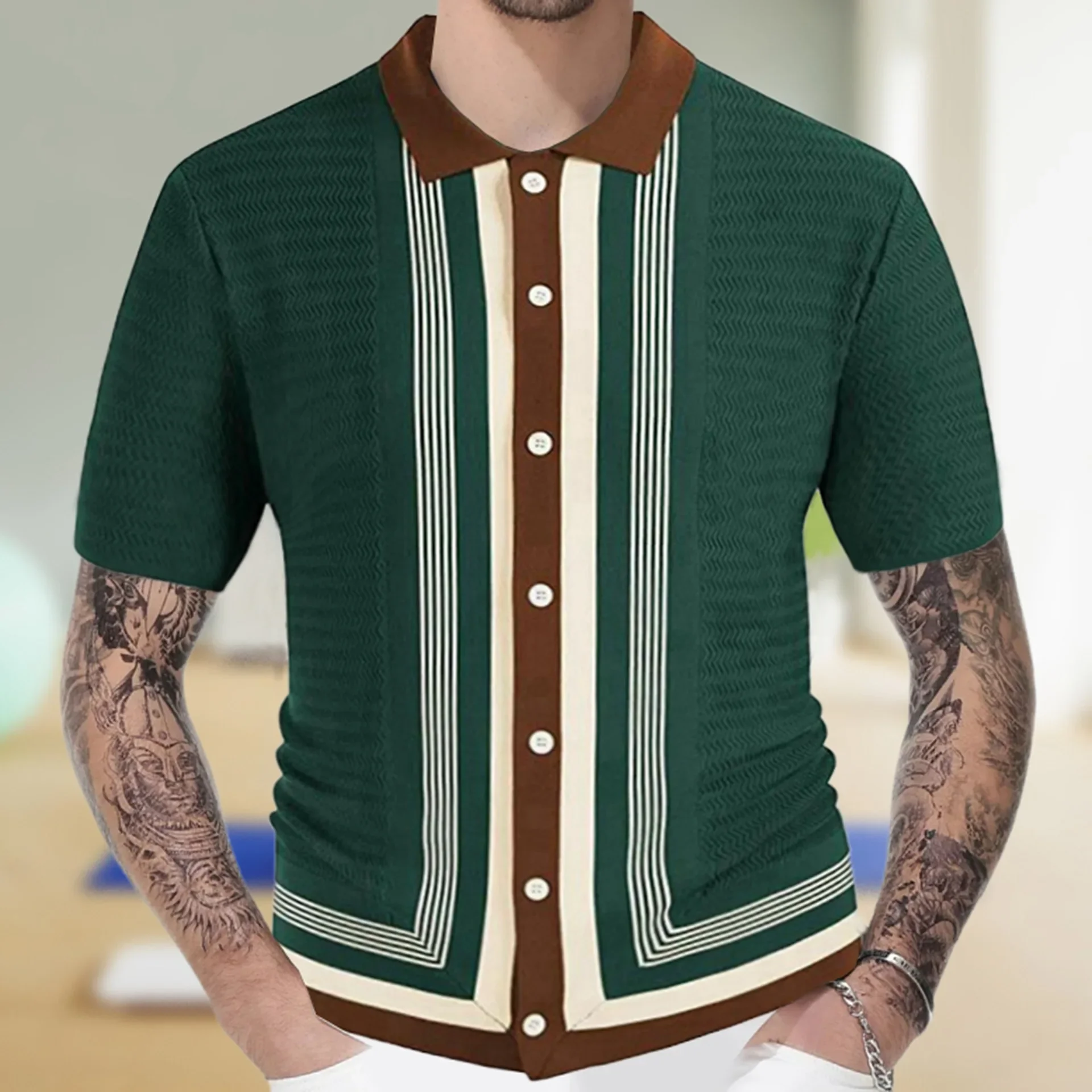 LIBIELIY High Quality Men Summer New Striped Lapel Single-breasted Knitwear Light Luxury Casual Business Fashion Short-sleeved P