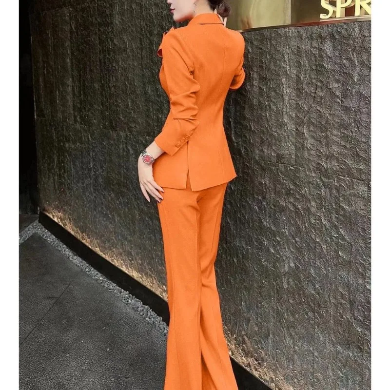 New Fashion 3D Flower Orange Women's Suit High End Elegant Slim Waist Long Sleeve Blazer Jacket + Flared Pants Two Piece Set