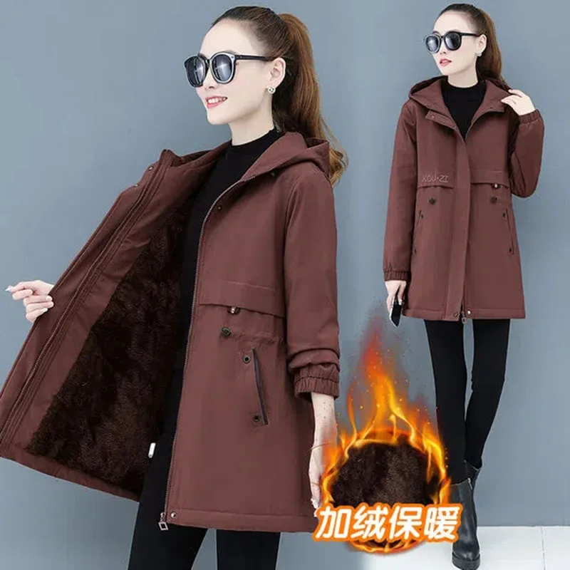 Fleece Warm Windbreaker Women's Long Autumn And Winter New Large Size Loose Korean Version Joker Slim Fashion Casual Hat Coat 5X