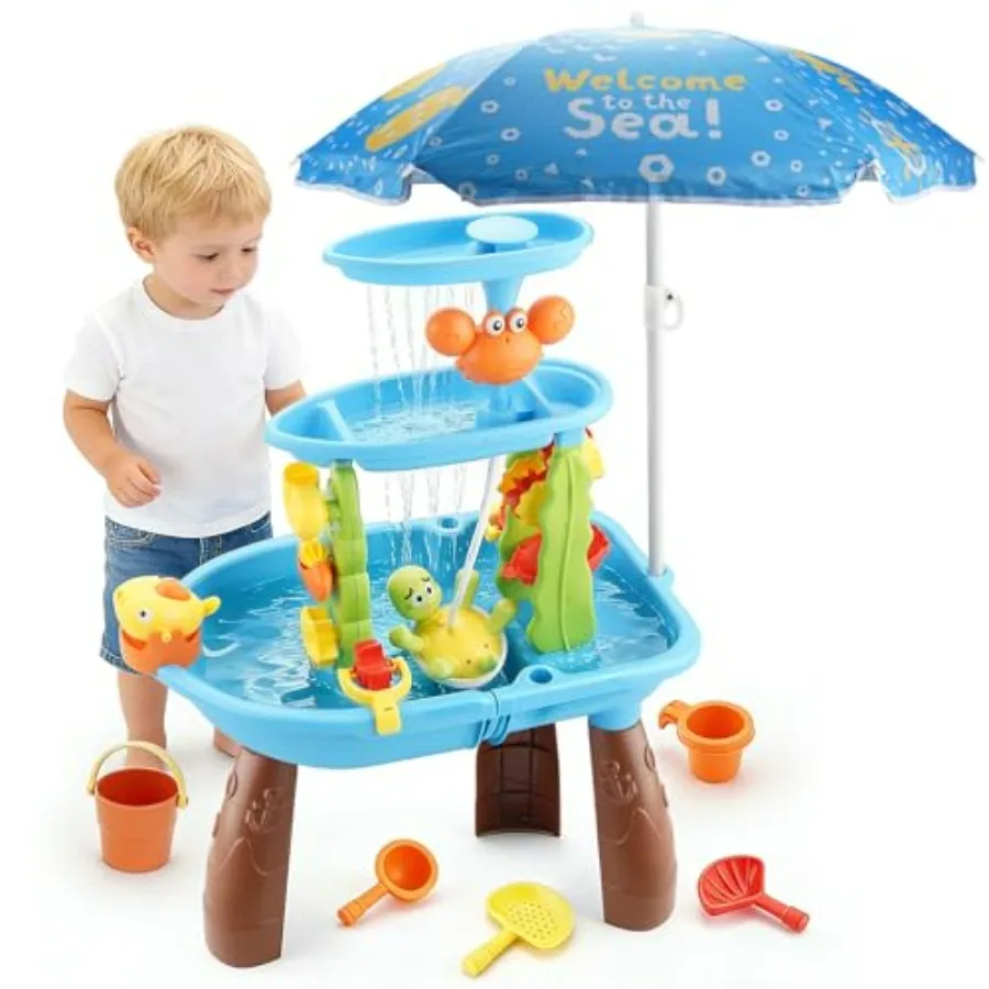 

Outdoor water table for toddlers 1-3 and kids 4-8, 3-tier sand and water sensory play toy with fishing game set, blue plastic,