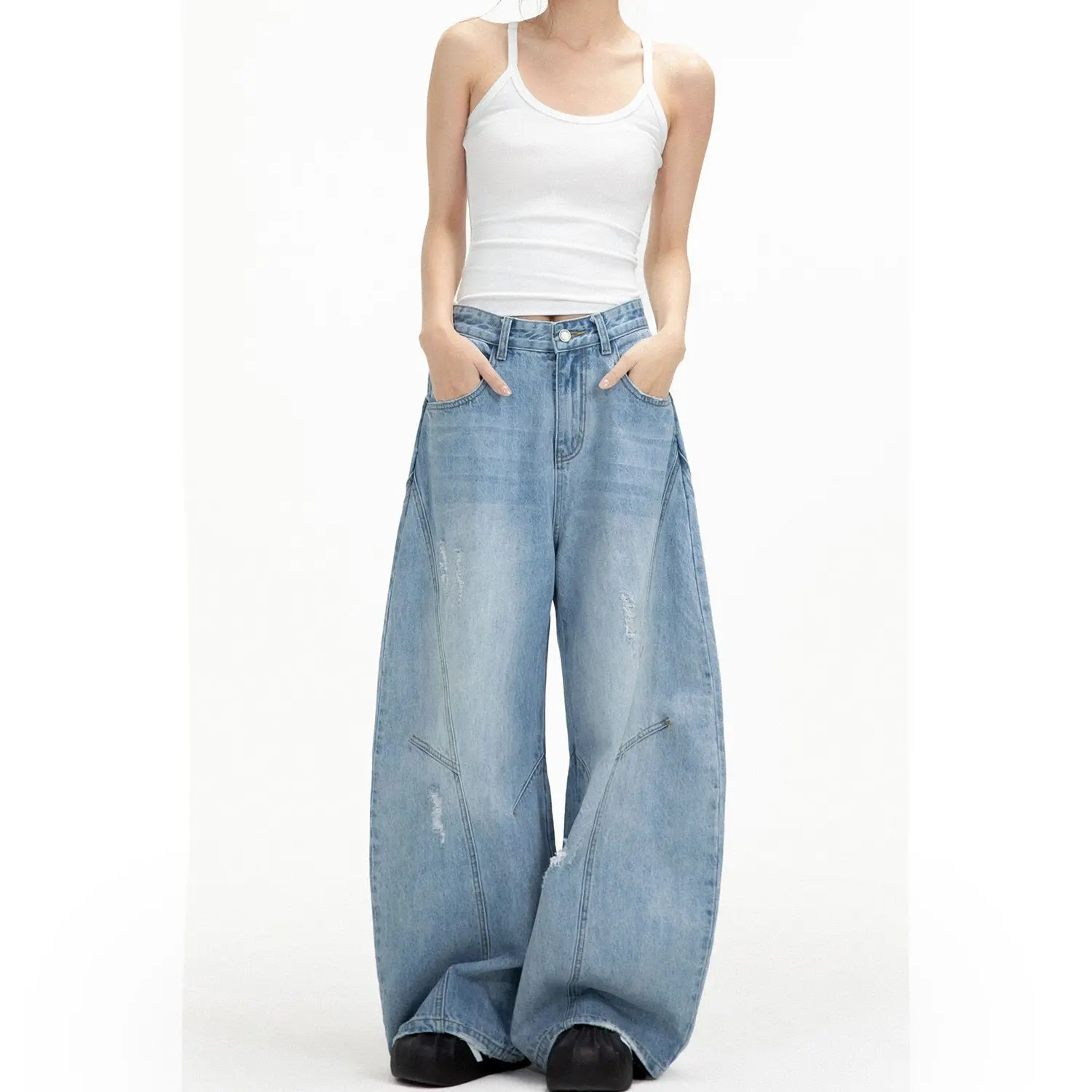 

American Design Sense Spliced Women's Loose Slimming Vintage Washed Wide Leg Floor-Length Jeans Casual Straight Leg Trousers