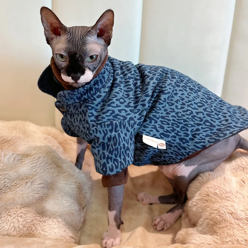 Fleece Sweatshirt Coat Suit for Sphynx Cat in Winter thick warm Costume for Kittens Dogs Soft Blue Leopard Jacket for Male Cat