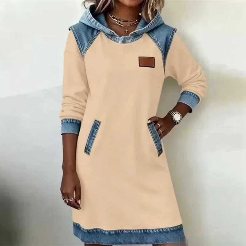 Sudaderas con capucha de mezclilla en contraste, vestido Retro para mujer, vestido informal de retazos con capucha, vestido de otoño de manga larga con bolsillo, vestido de fiesta