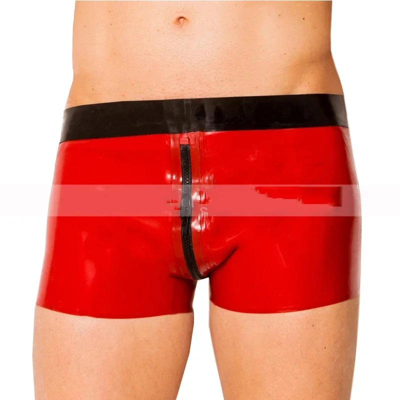 

Rubber Latex Men Panties Red and Black Shorts Boxer Underwear with Crotch Zip