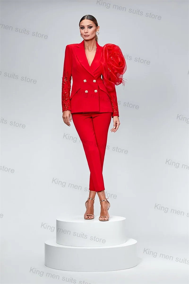 Red Women Suit Set 2 Piece Blazer+Pants 3D Flower Feather Crystals Formal Office Lady Jacket Trousers Tailored Made Prom Coat