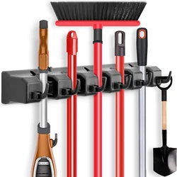 Mop and Broom Holder, Wall Mounted Storage - Mop and Broom Storage Tool Holder with 5 Ball Slots and 6 Hooks