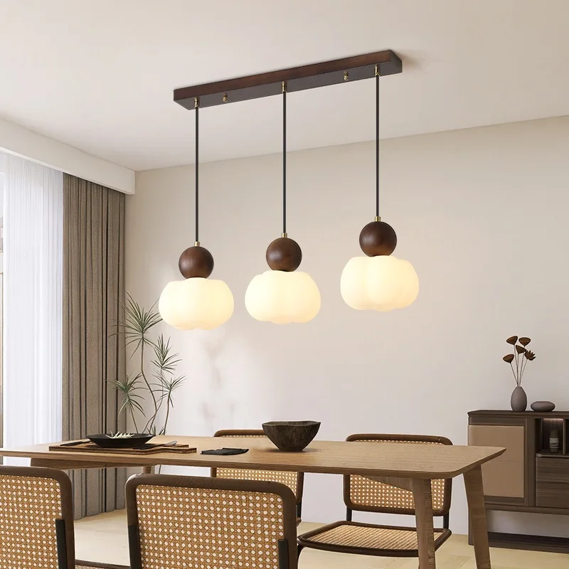 Indoor Home Decor Dining Room Chandelier Light Restaurant Three Heads Pendant Lamp Simple Kitchen Bar Log Wood Table Light