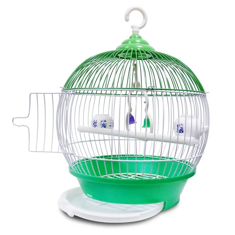 High quality folding metallic color electroplated round parrot cage with stand stick and food box