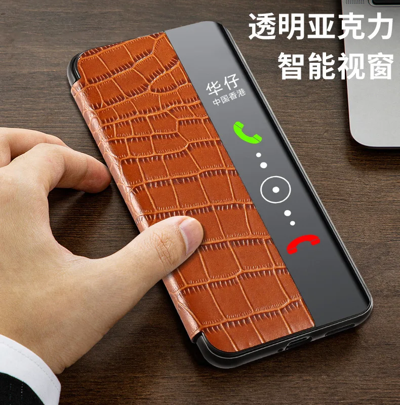 

Sales Luxury Crocodile Grain Cowhide Leather Cover For Huawei P50 Pro Real Genuine Cow Skin Intelligent Sleep Window Flip Case