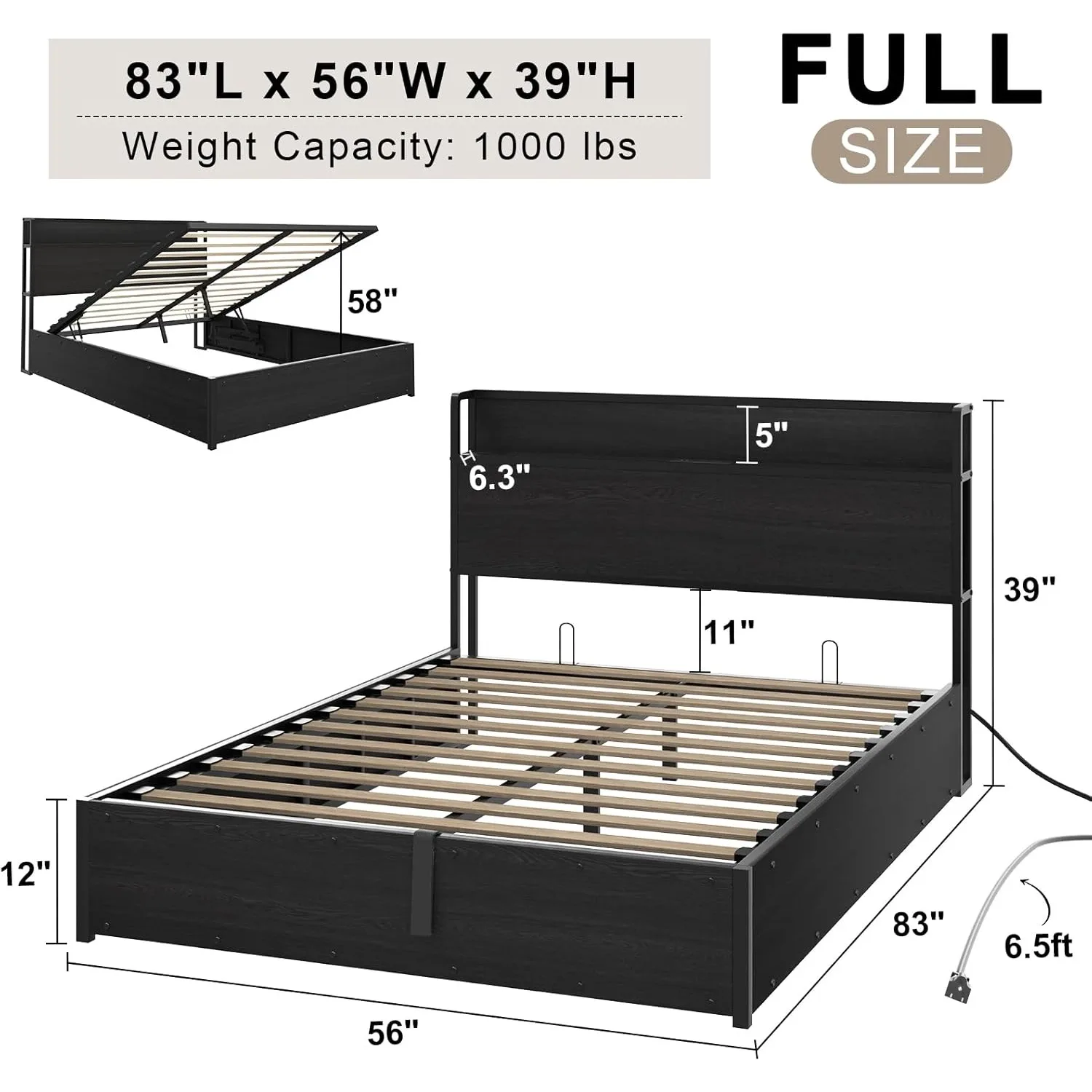 Full Size Lift Up Storage Bed Frame, Wooden Platform Bed Frame with Lifting Storage & Charging Station, No Spring Box Needed