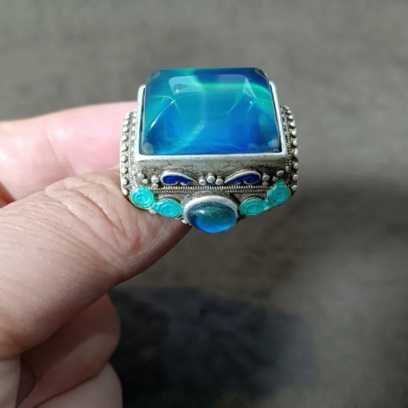 Vintage Tibetan Silver Ring,Color-Changing Stone,Cloisonne,Antique Patina,Adjustable,ID 20.3mm,32.6g,Collectible Ethnic Jewelry