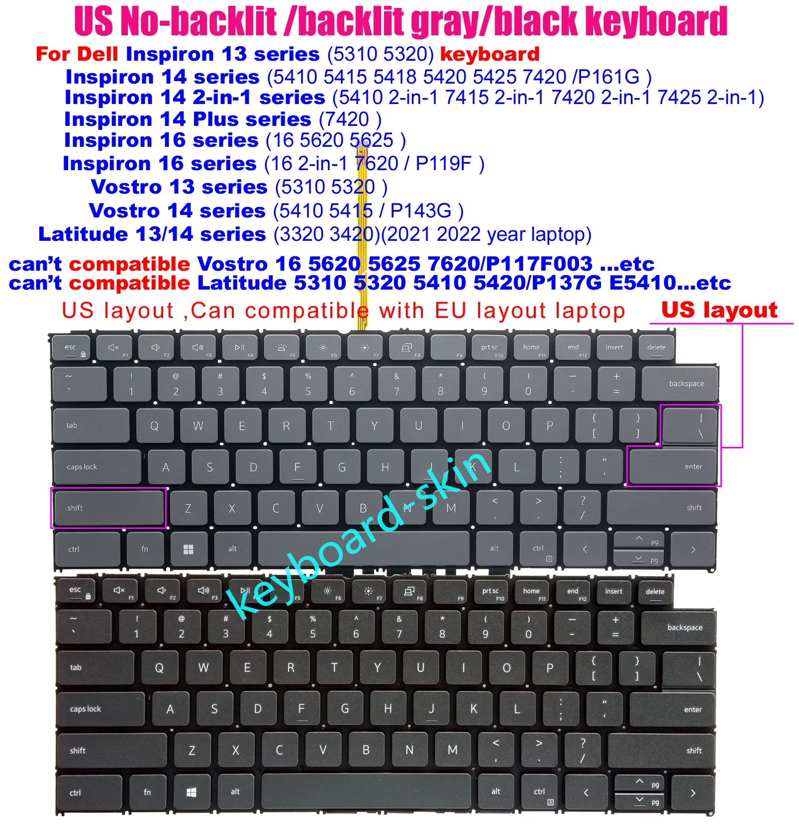 

No-backlit /backlit Keyboard For Dell Inspiron 5310 5320 5410 5418 5420 5425 7415 7420 7425 2-in-1 16 5620 5625 7620 P119F P161G