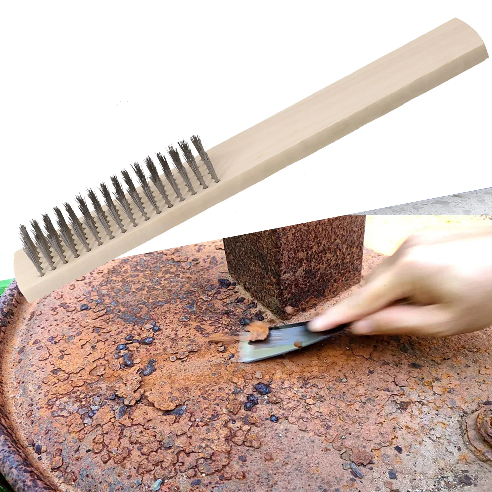 Brosse propre avec tige en bois, fil de cuivre plaqué, fil de cuivre pur, rouille durable, 1PC, 6x16 pouces, 8.07 pouces