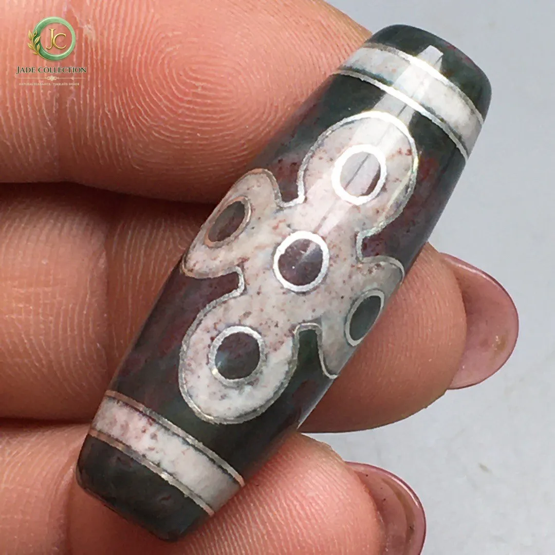 Tibetan Cinnabar Old Agate dzi Inlaid silver wire 5 Eyes Lightning Bead S0326