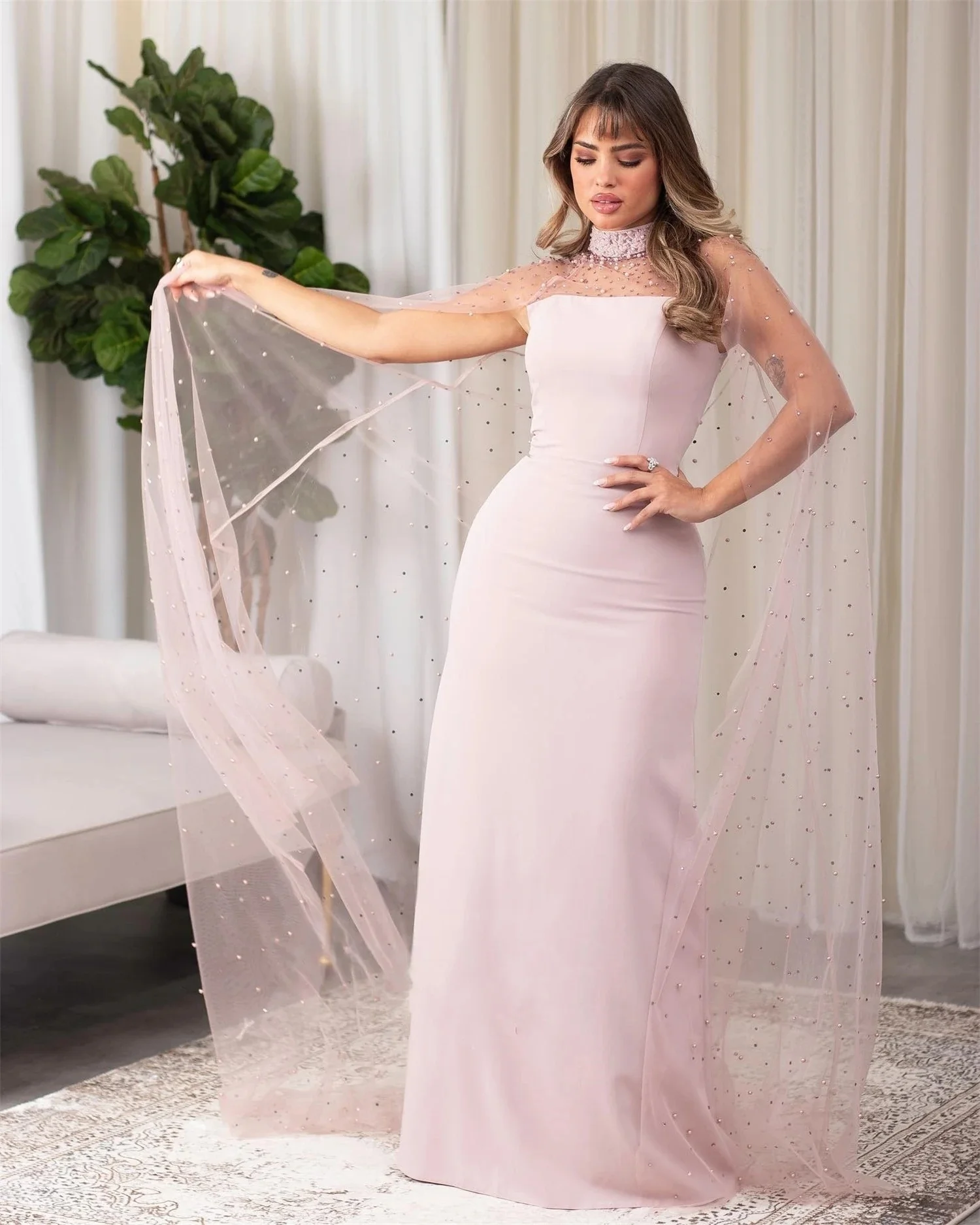 

Pink Pearls Women Long Bespoke Occasion Gown Evening Dresses Prom Pastrol Unisex Jersey Retro Dubai Saudi Arabic Customized