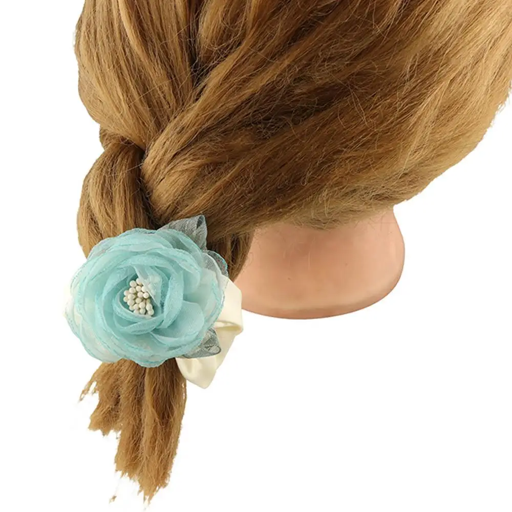 Linda lazo para el cabello, banda para el cabello de satén, soporte de cola de caballo de malla, cuerda para el cabello con flor rosa, accesorios para el cabello francés, banda elástica para el cabello para mujer