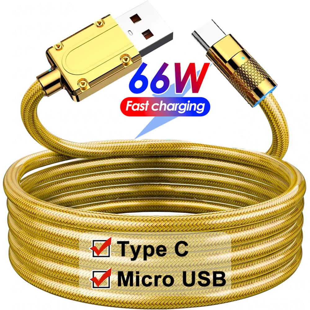 Cavo dati di lusso dorato per caricabatterie rapido 66W 6A Tipo C Cavo di ricarica super veloce micro USB per ricarica rapida del telefono Xiaomi