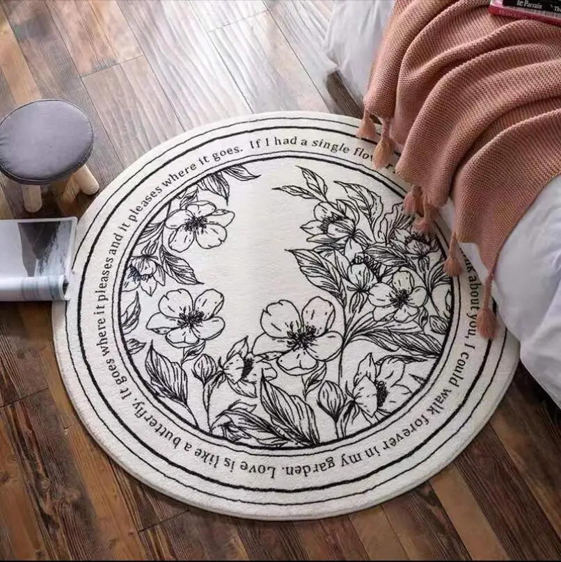 Fleece Nordic Floral Round Carpet for Living Room Floor Carpets Bedroom Bedside Mats Absorbent Area Rug Balcony Home Decor Rug