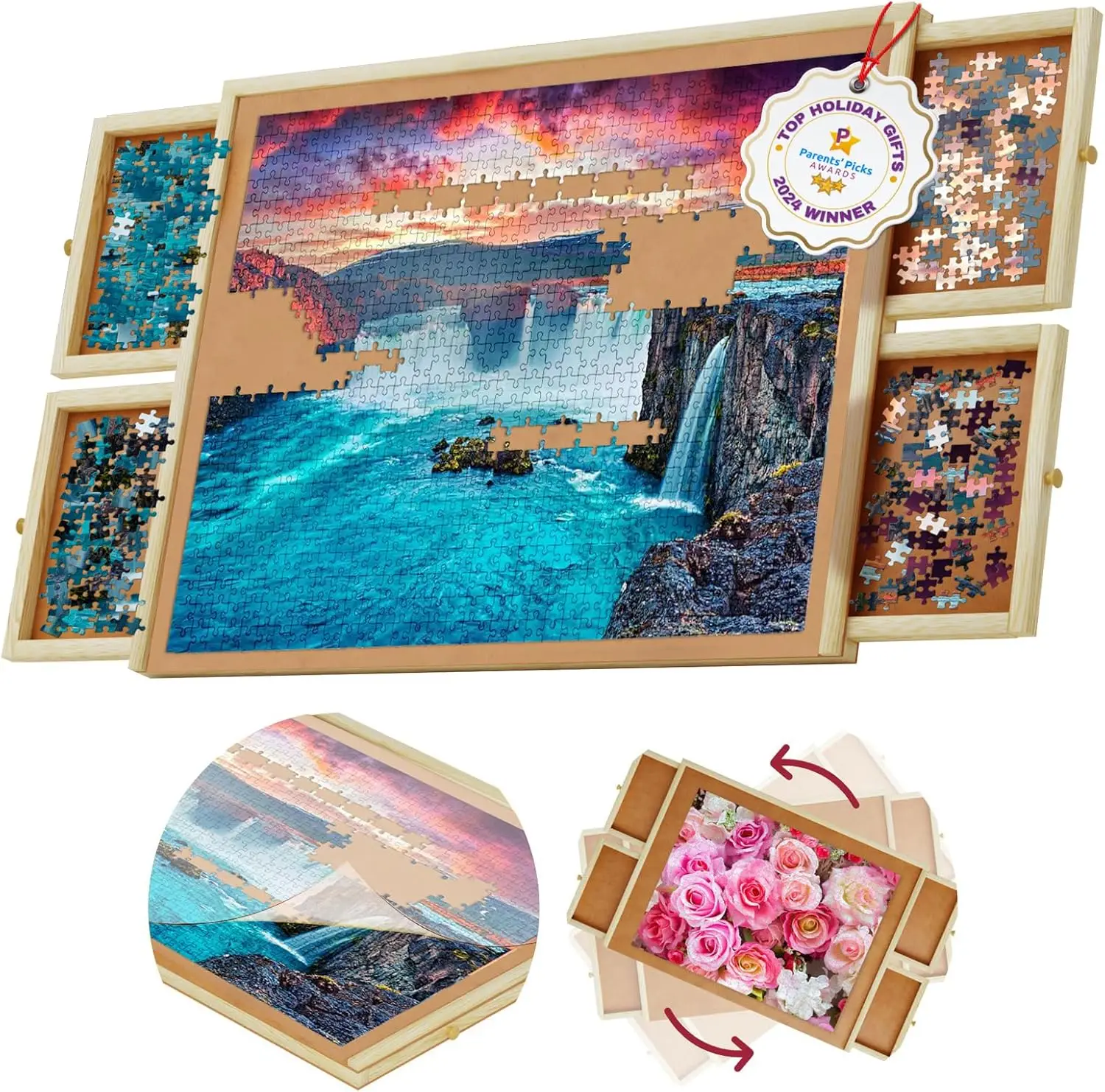 

1000 Piece Rotating Wooden Jigsaw Puzzle Board with Drawers and Cover, Portable Table for Adults and Kids, 30x22 Inches