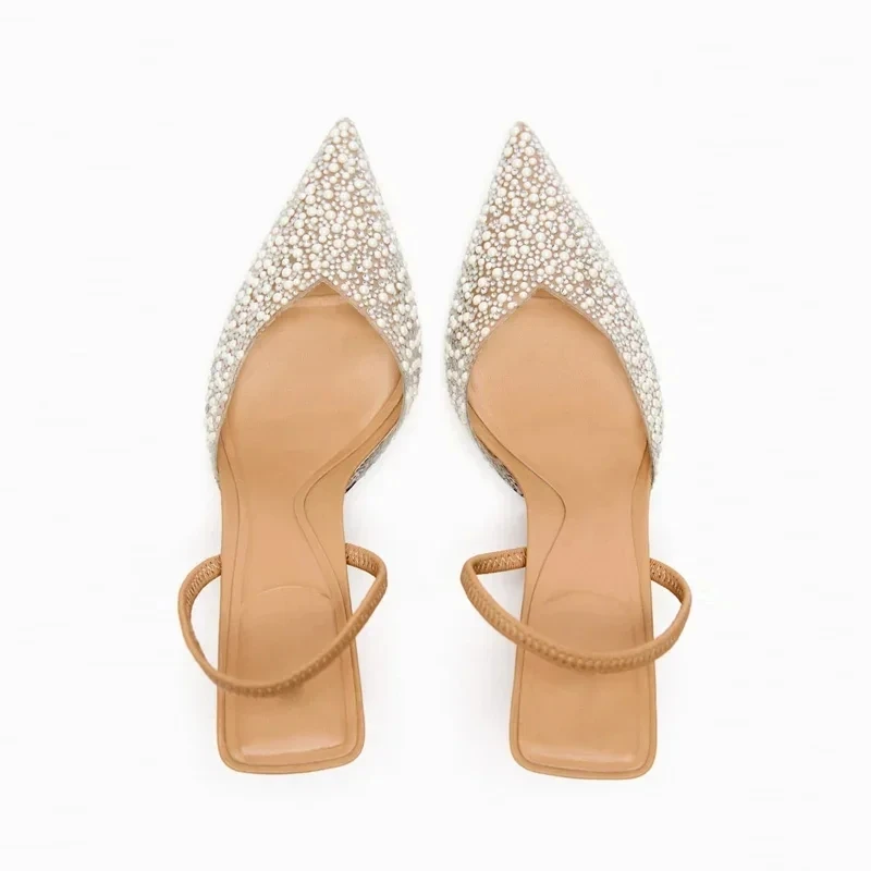 TRAF trasparente strass tacchi donna scarpe col tacco alto punta a punta Slingback tacchi alti 2024 donna pompe perla tacchi da sposa