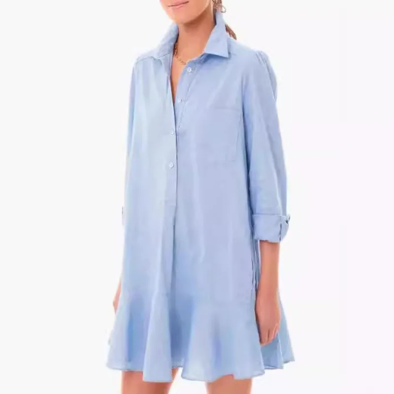 Spring and Summer Pure Cotton Front Chest with Pockets Long-sleeved Shirt Hem Lotus Leaf Dress for Women