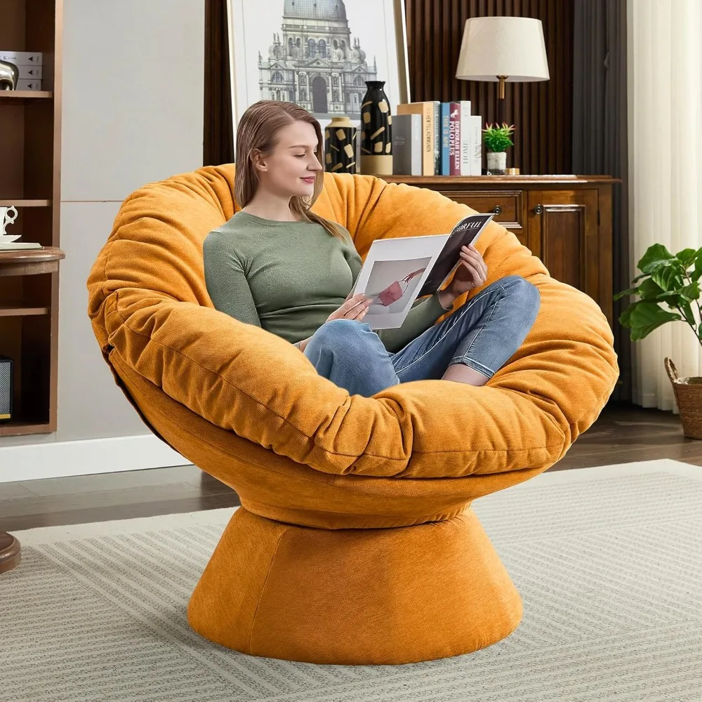 cadeira papasan com almofada e moldura, 360 °   cadeira giratória com detalhes, confortável reclinável de leitura redonda estofada em chenille com