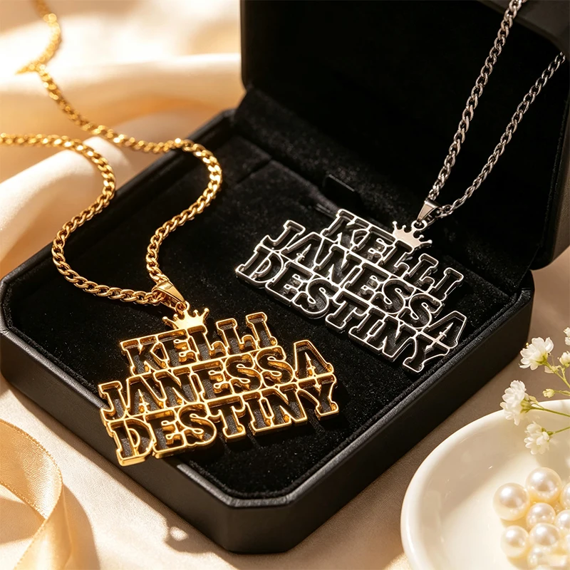 Crown Custom Hollow Name Letters Pendant Necklace Hip Hop Woman Man Cuban Chain Nameplate Stainless Steel Necklace Birthday Gift