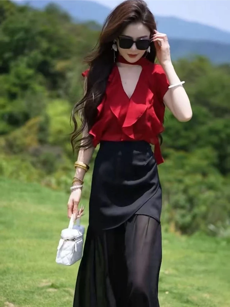 

Women's Summer Elegant Two Piece Set Chic Blouse and Skirt Outfit Sophisticated Office Wear